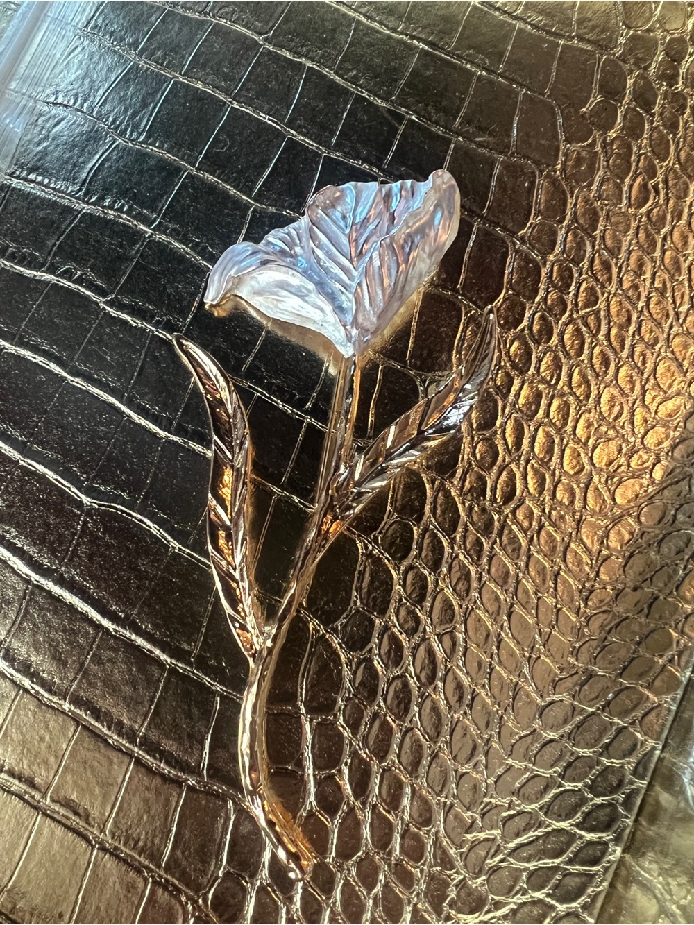 Gold with Silver Painted Floral Stem Brooch Large Brooch